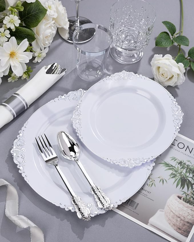 Nervure 100PCS White and Silver Plastic Plates - 10.25Inch Silver Disposable Plates - Heavyweight Dinner Plates for Wedding & Party & Holiday