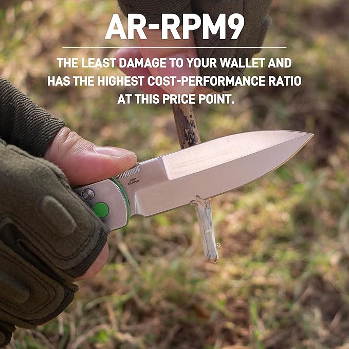 CJRB Locust EDC Knife, 3.15'' AR-RPM9 Steel Blade Folding Knife with Stone Washed Steel&G10 Inlay Handle, Button Lock with Safety Switch for Men Women Camping Hiking(1951-SBK)