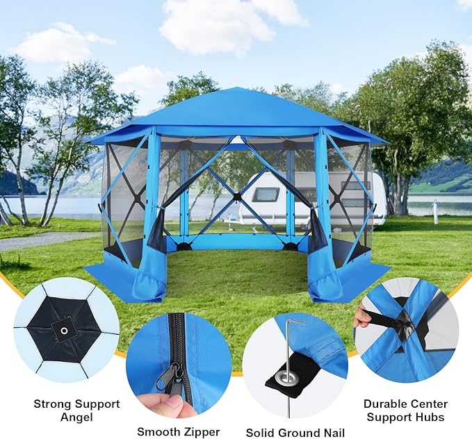 COBlZl Pop Up Gazebo 12x12 Screen House Tent for Camping, Outdoor Instant Stargazing Gazebo Canopy with Awning 2.0, Portable Hub Tent with Mosquito Netting, Pavilion for Backyard,Blue
