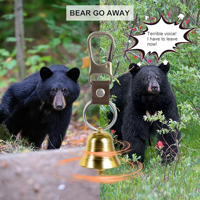 Fhmidic Loud Bear Bell with Whistle Set for Hikers, 3 in 1 Hiking Gear Solid Brass Bear Bells with Silencer, Carabiner and Emergency Whistle for Survival, Hiking, Camping, Climbing