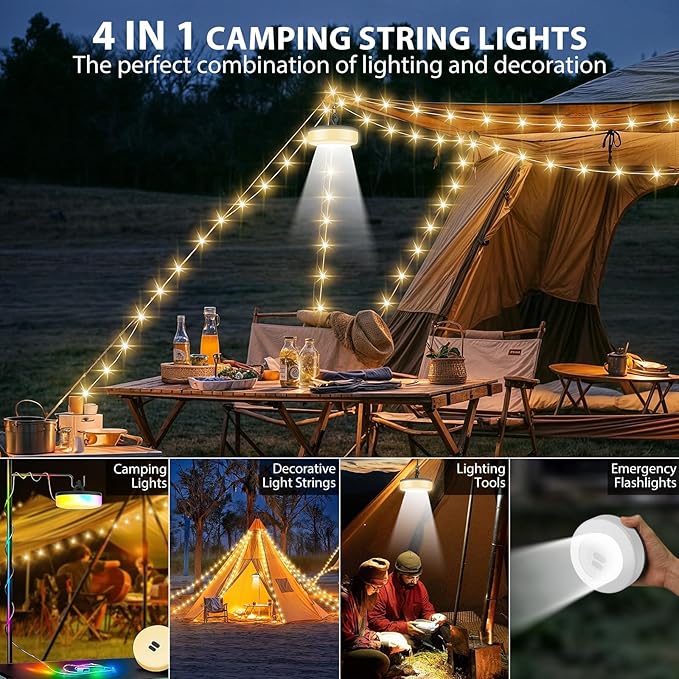 Camping String Lights, 4 in 1 Quick Storage Camping Essentials Gear 32.8FT Rechargeable Tent Lights with 9 Modes Warm +RGB Waterproof Camp Lamp for Camping Hiking Patio Garden Halloween Xmas Decor
