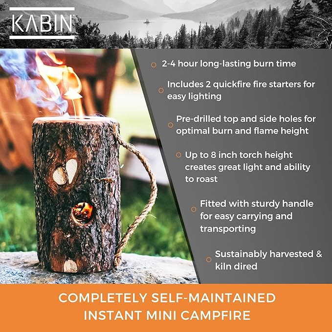 KABIN Timber Torch - Portable Instant Mini Firewood Campfire Logs - Kiln Dried Firewood Self-Maintained Long Burning Sustainable Fire Wood for Fire Pit Indoor Fireplace - Solo Starter Ready to Use
