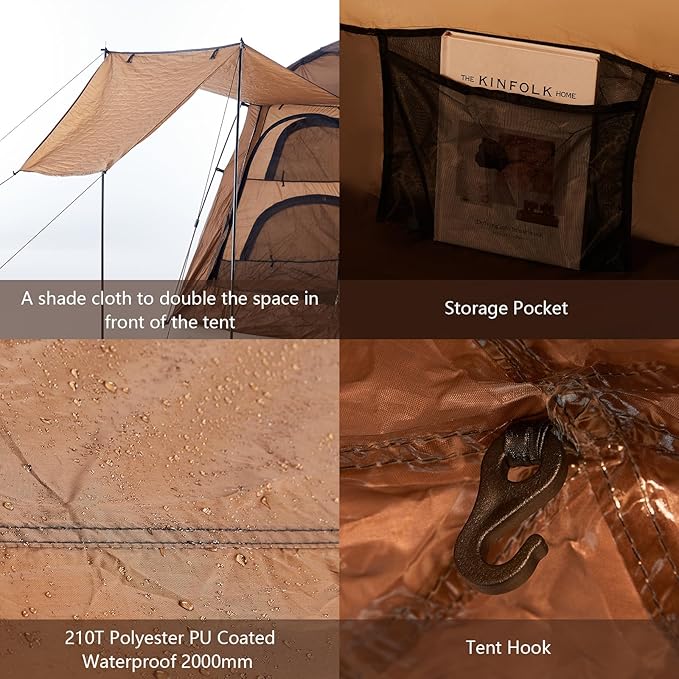 TUKAILAI Instant Camping Tent, Hexagonal Design Automatic Dome Tent with 4 Mesh Windows and 1 Door, Easy Setup Pop Up Tent with Vestibule & Rainfly