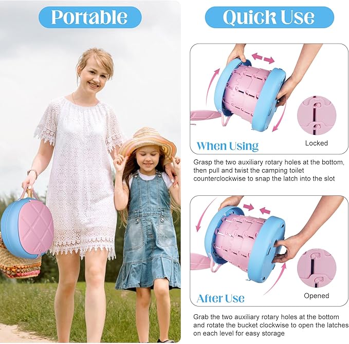 Inmorven Portable Toilet Camping Retractable Potty Adjustable Height Camp Potty for Adults Kids, Foldable Portable Toilet or Camping, Car, Travel, Boat, Beach, Tent and Emergency Use - Pink