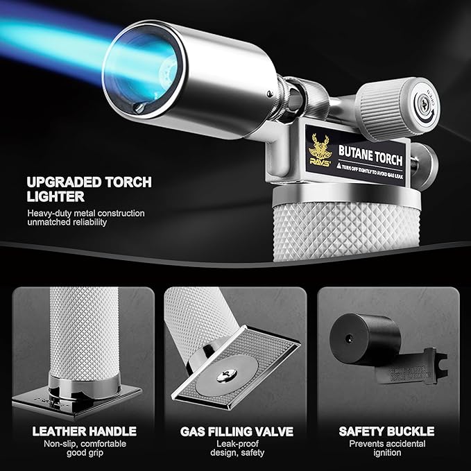 RAVS Butane Torch Lighter, Refillable Cooking Torch with Safety Lock and Adjustable Flame, Creme Brulee Torch for Baking, BBQ, White Mini Torch for Cooking, Gifts for Women, Butane Gas Not Included
