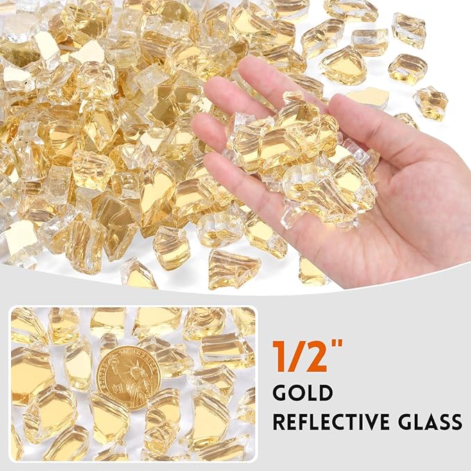 10 Pounds Fire Glass 1/2 Inch High Reflective Tempered Firepit Glass Rocks for Fireplace, Fire Pit Table, Fire Bowl and Landscaping (Gold)