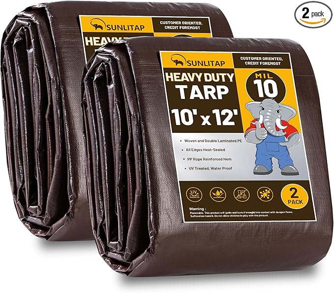 10 Mil Heavy Duty Waterproof Tarps, 10x12 Ft Finished Size Tarps, Premium Tarp with Metal Grommets & Reinforced Edge, Multipurpose Thick Tarp for Car, Boat, Roof, Camping - 2 Pack, Brown