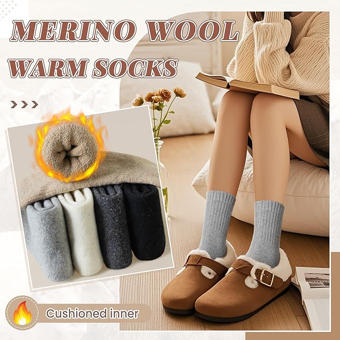 Merino Wool Socks For Women Hiking Winter Boot Thermal Warm Thick Cozy Work Crew Socks 5 Pairs