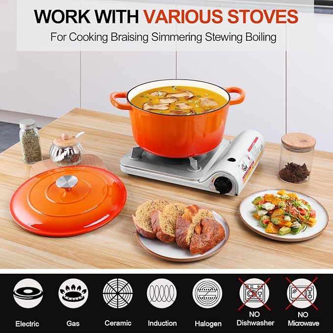 P&P CHEF 6QT Enameled Dutch Oven, Cast Iron Dutch Oven Pot with Lid for Bread Baking, Enameled Casserole Pot for Roasting Braising Stewing Frying Simmering, Various Stoves & Easy Clean, Orange