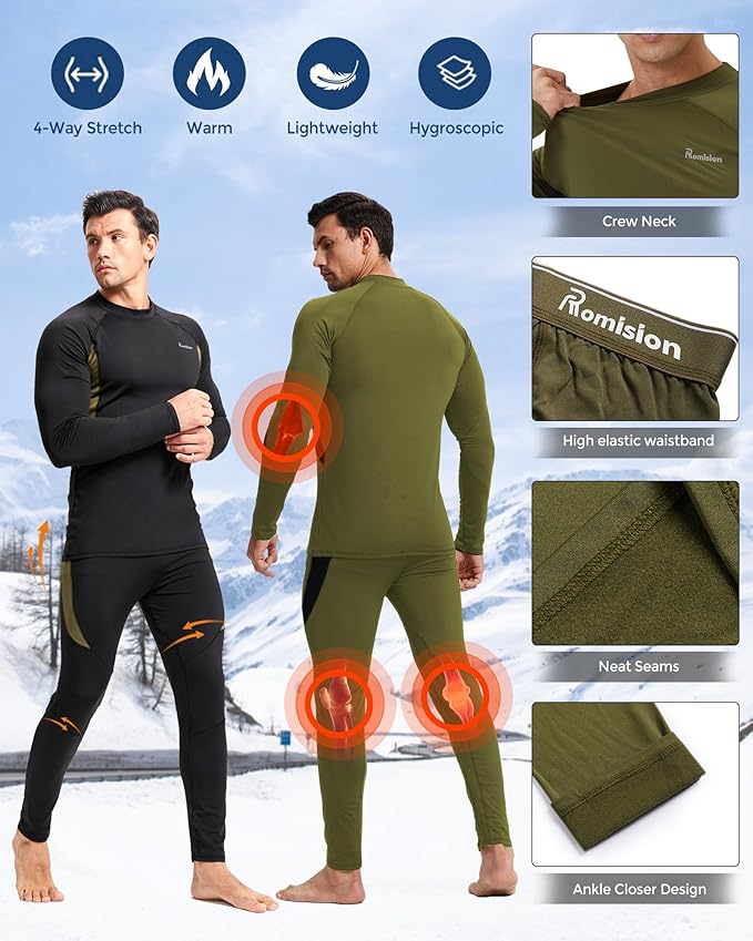 romision 2 Pack Thermal Underwear for Men Long Johns Fleece Lined Hunting Gear Bottom Top Set Base Layer Cold Weather XS-4XL
