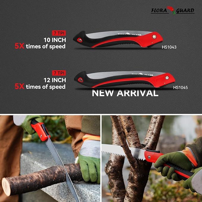 FLORA GUARD 10-Inch Folding Saw, Heavy Duty Hand Saw with Multi-Level Razer Teeth for Wood Cutting, Tree Trimming Camping Gardening Tools (Red-10")