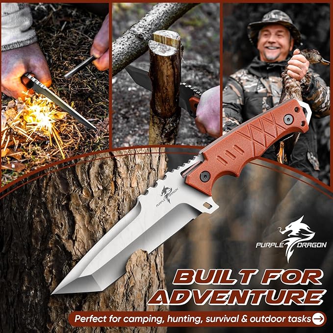 Purple Dragon Camping Knife with Sheath - D2 Steel Survival Knives for Camping, Bushcraft, Hunting - Ergonomic G10 Handle Outdoor Survival Gear Gift for Men