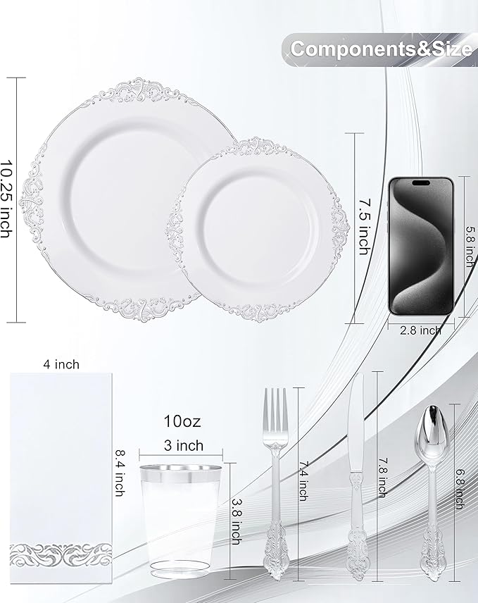 Nervure 175PCS Silver Plastic Plates - White and Silver Disposable Plates for 25 Guests Include 50Plates, 25Cups, 25Forks, 25Knives, 25Spoons, 25Napkins for Wedding & Party