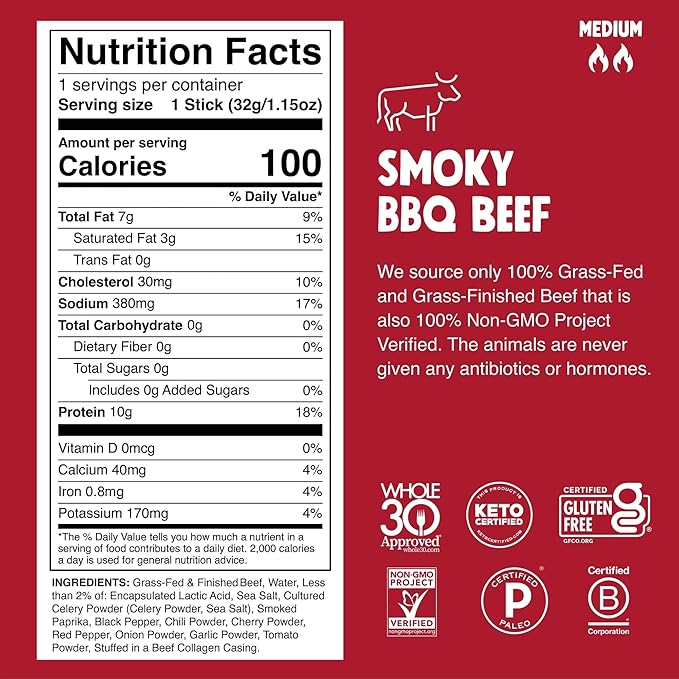 Chomps Grass-Fed and Finished Smoky BBQ Seasoned Beef Jerky Snack Sticks 24-Pack - Keto, Paleo, Whole30, 10g Lean Meat Protein, Gluten-Free, Zero Sugar Food, Non-GMO