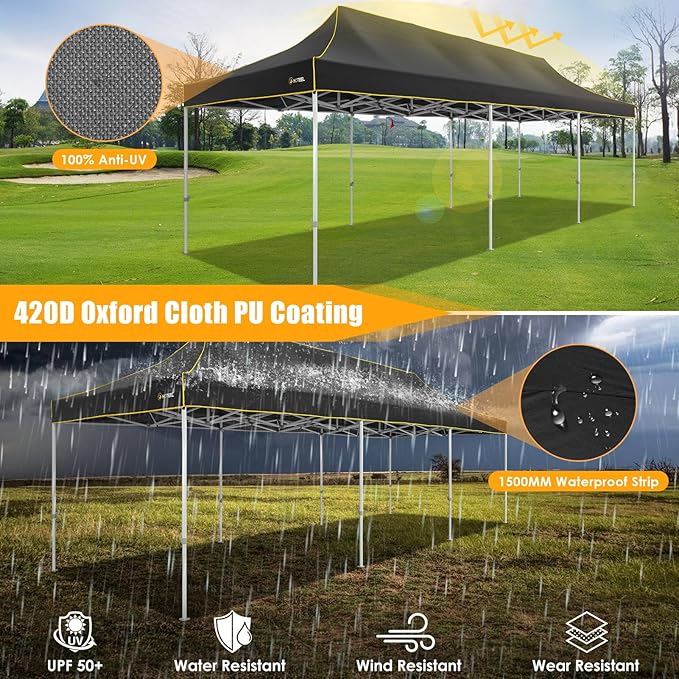 HOTEEL 10x30 Heavy Duty Pop Up Canopy Tent for Parties Event Wedding Commercial Instant Canopy with Wheeled Bag, Party Tent Waterproof UV 50+&Windproof, Upgraded Thick Hexagonal Legs, Black