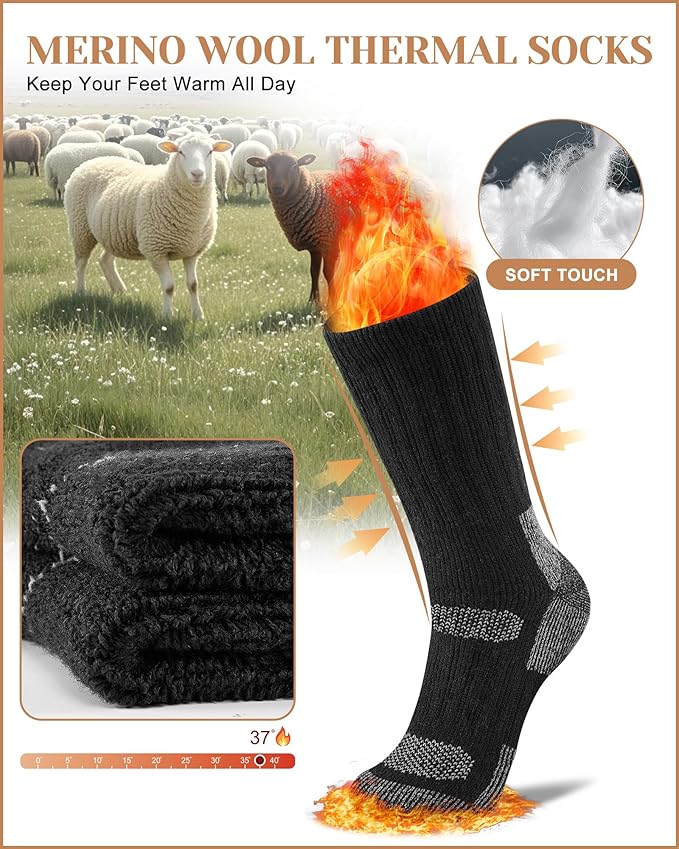 Merino Wool Thermal Socks for Men & Women, 3 Pairs Full Cushion Winter Boot Socks for Cold Weather Hiking Work