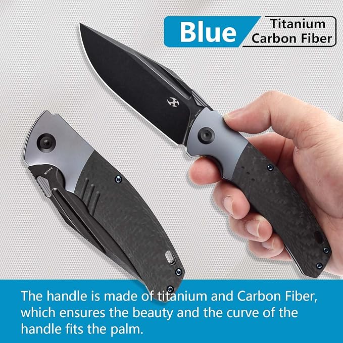 KANSEPT Hinterland Pocket Folding Knives for Men EDC Camping Folding Knife 3.58'' Blackwash CPM S35VN Blade Pocket Folding Knife with Blue Anodized Titanium Twill Carbon Fiber Inlay Handle K1057A1