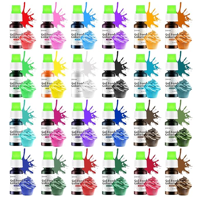 Gel Food Coloring 24 Colors x 0.35 oz Concentrated Gel Based Food Dye Vibrant Icing Colors Neon Food Coloring for Baking Cake Decorating Cookies Fondant, 10g / Bottle