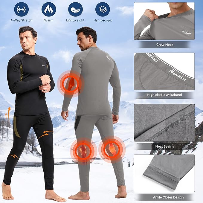 romision 2 Pack Thermal Underwear for Men Long Johns Fleece Lined Hunting Gear Bottom Top Set Base Layer Cold Weather XS-4XL