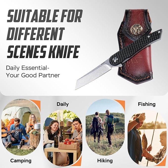 Folding Pocket Knife with Leather Sheath, 2.79” 14C28N Steel Blade Carbon Fibre Handle Flipper Liner Lock Small EDC Folding Knife, Sharp Camping Outdoor Survival Knives for Men Women (Black)