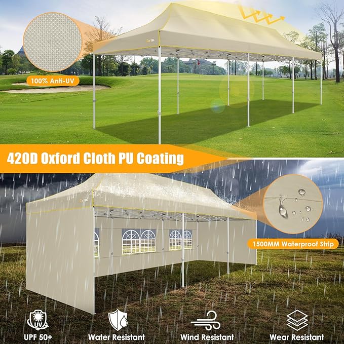 HOTEEL Tents for Parties 10x30 Heavy Duty Pop Up Canopy Tent with 5 Sidewalls&Wheeled Bag, Commercial Event Party Tent Wedding Instant Canopy Waterproof, UV 50+, Upgraded Thicked Hexagonal Legs, Khaki