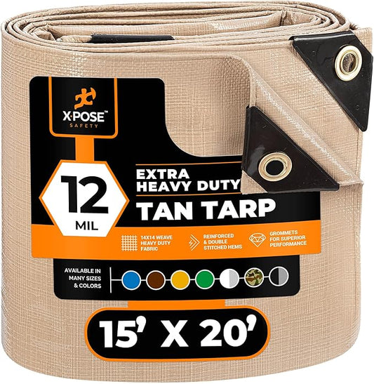 Heavy Duty Tan Poly Tarp 15' X 20' - Multipurpose Protective Cover - Durable, Waterproof, Weather Proof, Rip and Tear Resistant - Extra Thick 12 Mil Polyethylene - by Xpose Safety