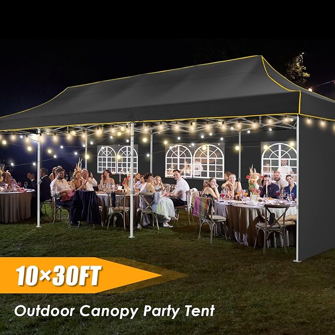HOTEEL Tents for Parties 10x30 Heavy Duty Pop Up Canopy Tent with 5 Sidewalls&Wheeled Bag, Commercial Event Party Tent Wedding Instant Canopy Waterproof, UV 50+, Upgraded Thicked Hexagonal Legs, Black