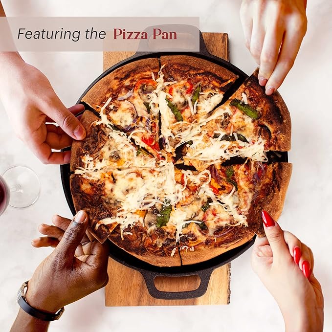 Cuisinel Cast Iron 18-Piece Preseasoned Cookware Set: 10"+12" Skillets w/Lids + 5-Qt Dutch Oven + 10.5" Square Grill Pan w/Lid + Pizza Pan + Round Griddle + 15" Organizer +Scraper + Silicone Handle