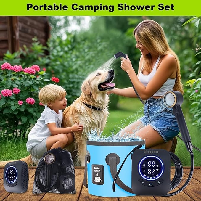 Eazy2hD Portable Camping Shower 8000mAh Rechargeable Outdoor Shower Pump, 4 Spray Modes, IPX8 Waterproof for Camping, Hiking, Pet Bath,Car Washing,Surf & Boat Cleaning (Shower Pump With Bucket)