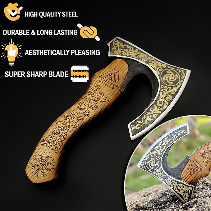 SHINY CRAFTS-Viking axe bearded axe tomahawk birthday gifts-Viking Axe with Carbon Steel Head and Ash Wood Handle is black polished, Viking Gifts for Men with Premium Quality Leather Sheath (SCA-0025)