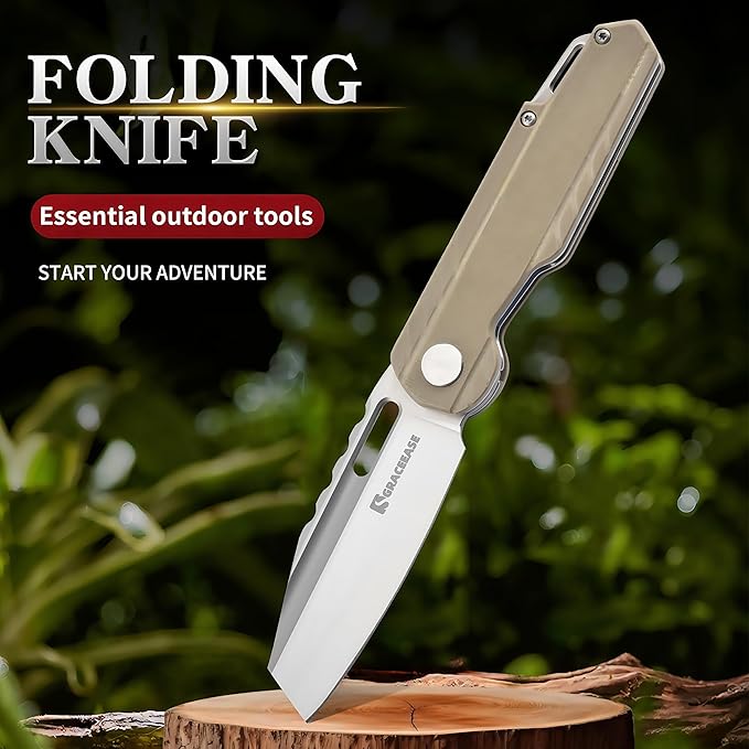 Folding Pocket Knife, 3.34 "D2 Steel BladeBlade G10 Non slip Handle Suitable for Daily Carrying Camping, Hiking, Fishing A-80003-2 (Khaki)