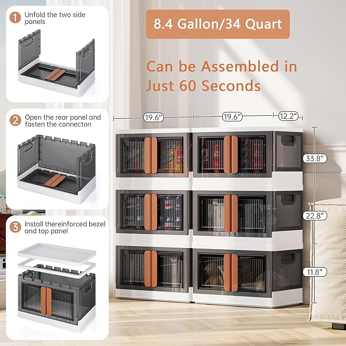 8.4Gal Collapsible Storage Bins with Lids & Wheels - 6 Pack Stackable with Doors, Heavy-Duty Plastic Containers for Home/Office, White