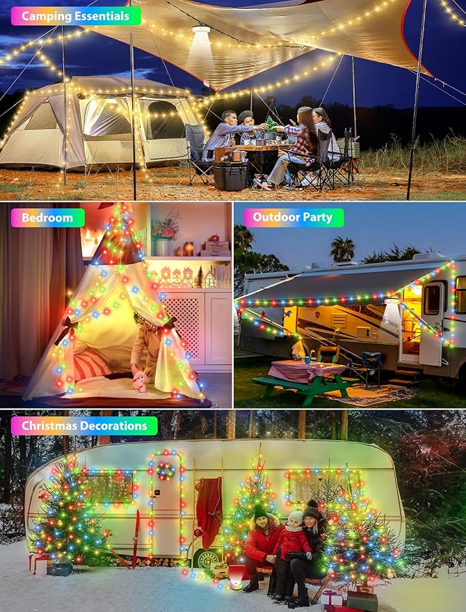 Camping String Lights, 4 in 1 Quick Storage Camping Essentials Gear 32.8FT Rechargeable Tent Lights with 9 Modes Warm +RGB Waterproof Camp Lamp for Camping Hiking Patio Garden Halloween Xmas Decor