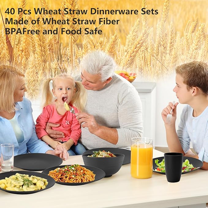 40 Pieces Plates and Bowls Sets, Wheat Straw Dinnerware Sets for 8, Dinner Plates, Cereal Bowls and Drinking Cups, Unbreakable and Reusable Plastic Dinnerware Sets (Black)