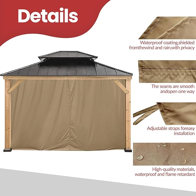 CoastShade Gazebo Pergola Canopy Panel Sidewalls Replacement 12ft Gazebo Pergola Privacy Panels Sidewall for Gazebos with 14Curtain Rings &14Rail Hooks, Khaki