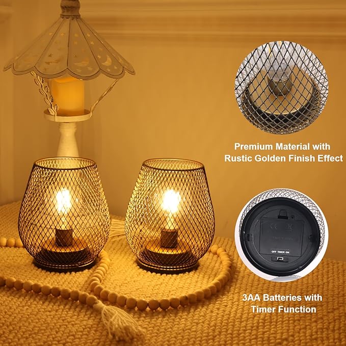 NEEDOMO Set of 2 Battery Operated Lamp Outdoor Table Lantern, LED Metal Cage with Timer Mode, Vintage Decorative Lights Cordless Lamp Indoor Outdoor Patio Bedroom Living Room (Golden)
