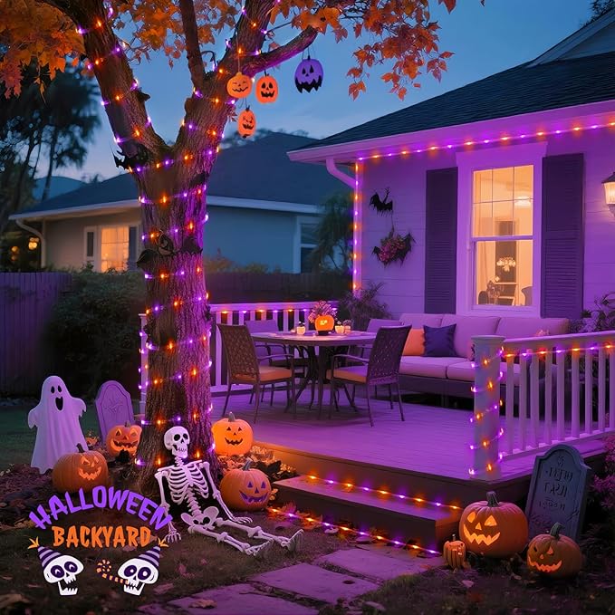 JMEXSUSS Orange Purple Halloween Solar Lights, 66 ft 200 LED Purple Rope Lights Outdoor Waterproof, Orange Christmas String Lights for Halloween Fall Party Tree Christmas