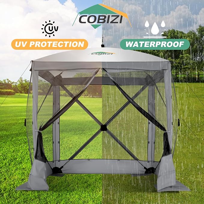 COBIZI 6x6 Pop up Gazebo Tent, Ez up Waterproof Screen Tent Screen House, Portable Outdoor Canopy Sun Shelter with Carry Bag & Ground Stakes for Camping, Garden and Picnics, Gray(Upgraded 2.0)