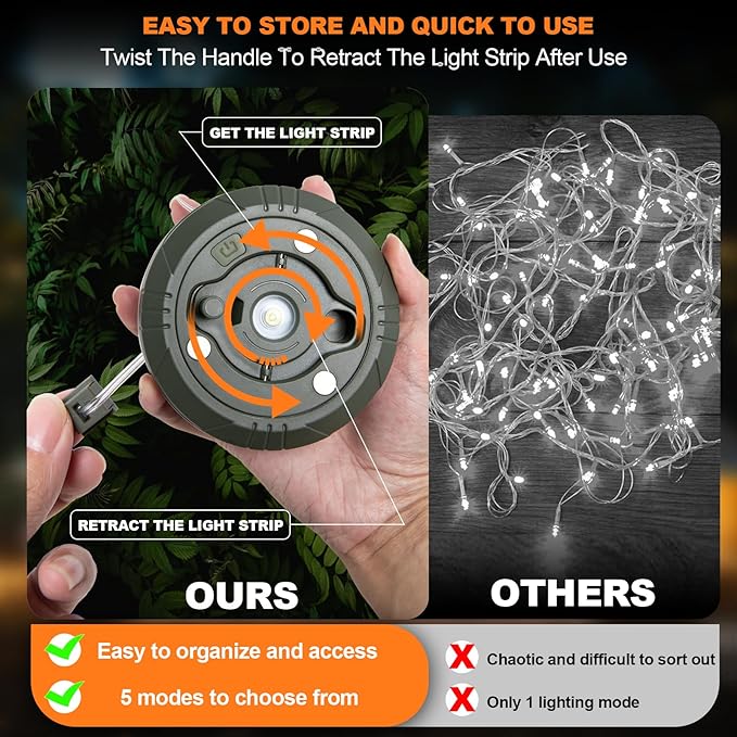 Camping String Lights 32.9FT/10 M Rollable, USB Portable Rechargeable Camping LED String Lights for Hiking Travel AWN Tent Yard Garden Decoration and Holiday Gift-Color