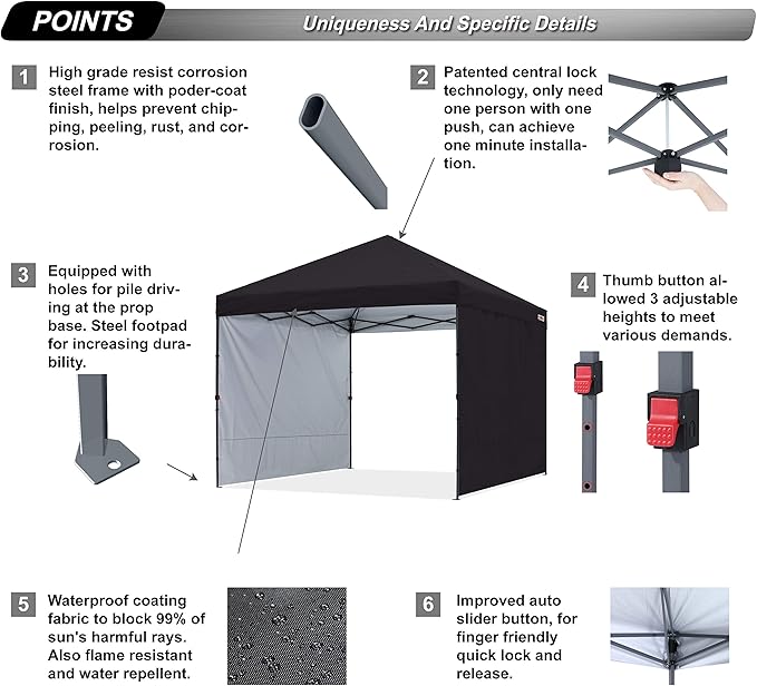 ABCCANOPY Easy Pop up Canopy Tent with 2 Sidewalls for Outdoor Sun Blocking or Rain Protection,10x10, Black