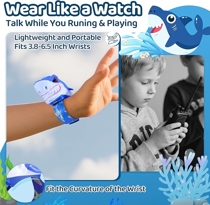 Vvinca Walkie Talkies for Kids 2 Pack - Toys for Boys Girls Age 3-5 5-7 8-12 Christmas Birthday Gifts for Toddlers Adjustable Strap Long Range Clear Sound Camping Outdoor Game Shark Walkie-Talkie