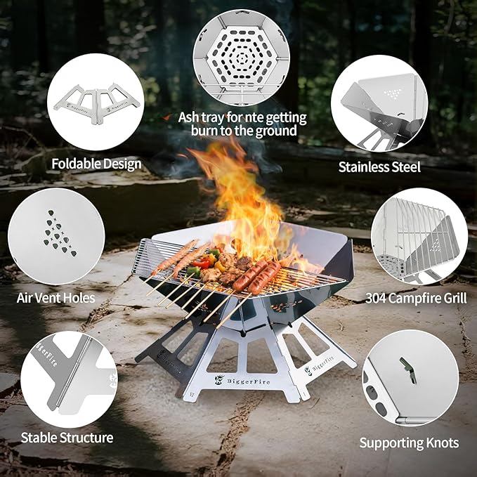 Foldable Portable Fire Pit,Stainless Steel Fire Pits with Charcoal Grill Net and Storage Bag,Camping Fire Pit Grill for Patio Outdoor Barbecue Campfire Bonfire (Large)