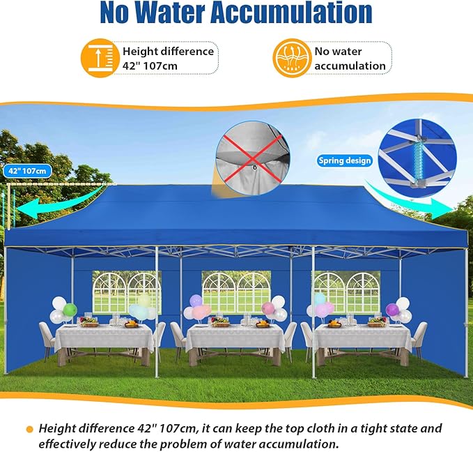 HOTEEL 10x30 Pop up Canopy Tent for Parties, Heavy Duty Easy Setup Tent with 5 Sidewalls, Outdoor Commercial Instant Gazebo for Wedding Event, with Roller Bag & Sand Bags, Blue(Hexagonal Frame)