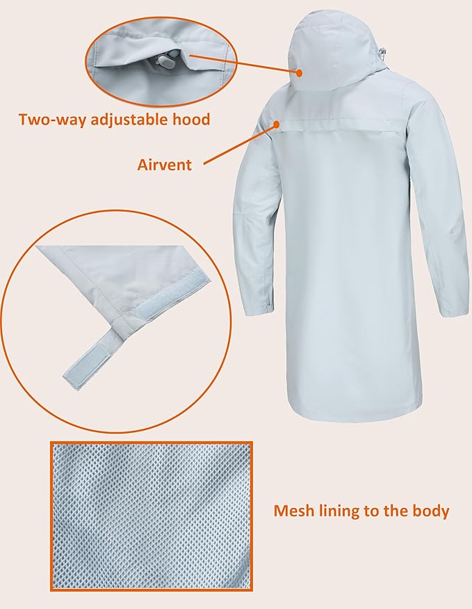 Rain Jacket Men,Waterproof Breathable Long Raincoat with Hood Mesh Lining,Windbreaker for outdoor activities