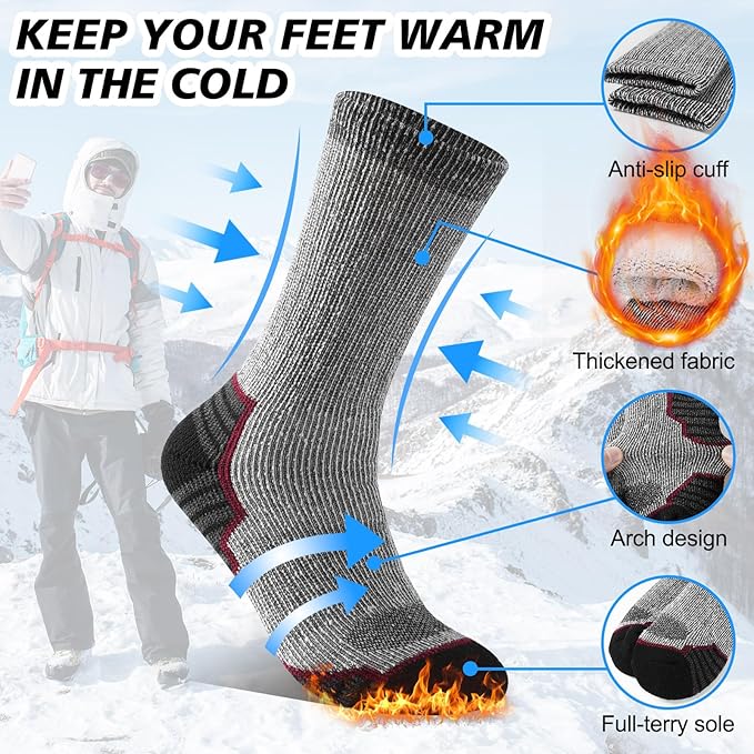 Merino Wool Socks for Men and Women Thermal Crew Winter Hiking Warm Boot Socks For Work With Cushioned Sole 3 Pairs