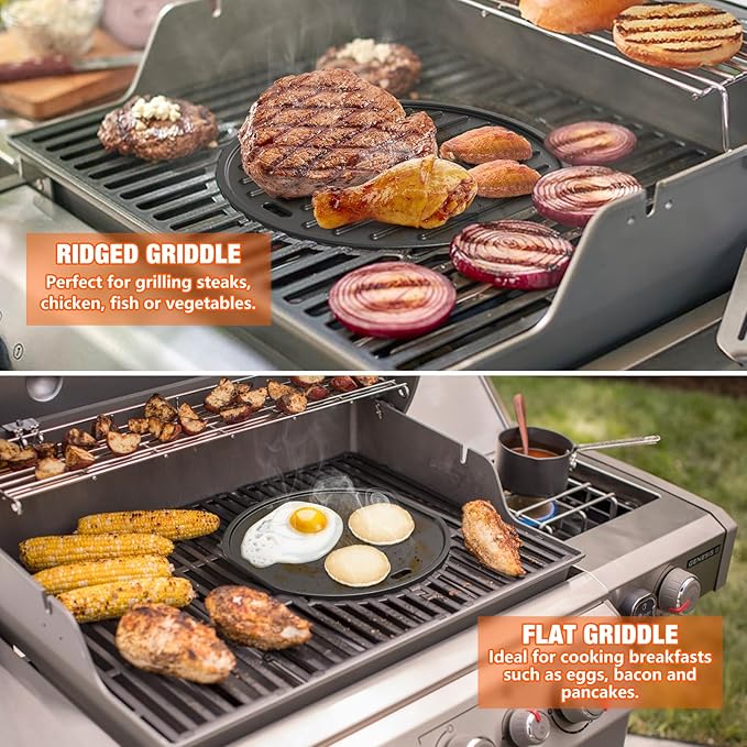 Onlyfire Gourmet BBQ System Sear Griddle Replacement, Reversible Cast Iron Griddle for 22" Weber Kettle Grills Weber Spirit II &Genesis II GS4 System