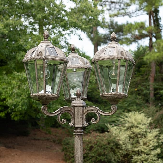 Gama Sonic Royal Bulb Solar Lamp Post Light Kit, 89 inch Tall, Outdoor Triple Head Weathered Bronze Cast Aluminum, Rain Water Glass Light Pole, Warm White 2700K 98B303 (Upgraded Panel)