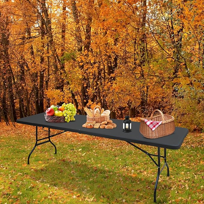 Portable Plastic Folding Table 4ft/6ft/8ft Heavy Duty White Black Picnic Dining Table Fold-in-Half for Camp Party Kitchen Indoor Outdoor