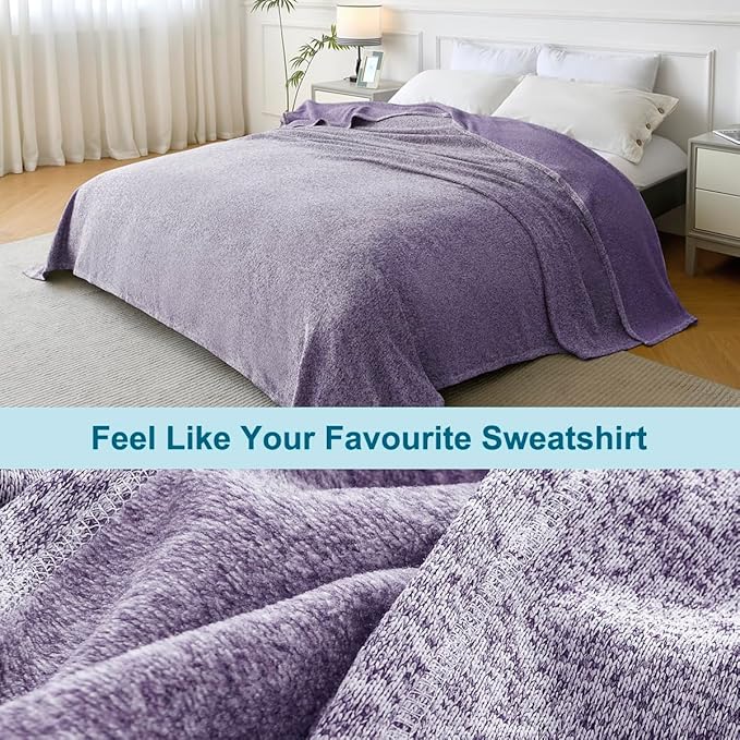 KAWAHOME Summer Sweatshirt Blanket King Size for Bed-Lightweight Breathable Blankets,Soft Thin Knit Jersey Blanket for Hot Sleepers,108 X 90 Inches, Heather Purple