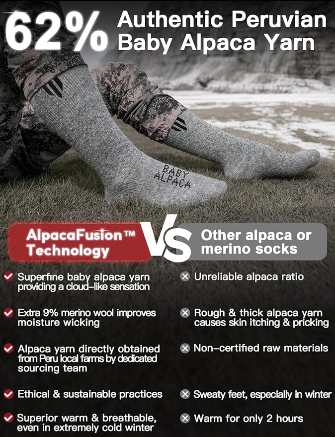 Alpaca Wool Boot Socks Men and Women, Heavyweight Thick Thermal Socks Cold Weather Hunting Hiking, Moisture Wicking